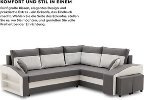 Grande sarokkanapé polcokkal és puffokkal , polc a bal karfaban puffok a jobb karfaban, jobboldali, szövet anyag, bonell töltet, szürke - fehér