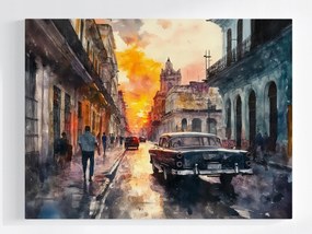 Vászonkép Canvas Havanna Kuba Naplemente Autó Akvarell 80x60