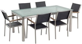 Hatszemélyes étkezőasztal üveglappal és fekete textilén székekkel GROSSETO Beliani