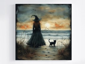 Vászonkép Canvas Boszorkány Macska Naplemente Rejtély Tengerpart 40x40