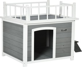 PawHut Kutyaház Erkélyes, Emelt Állású Kutyaház Lépcsővel, Ablakkal, Kiskutya és Nagykutya Barlang, Fenyőfából, Világosszürke, 121 x 77 x 78 cm | Aoso