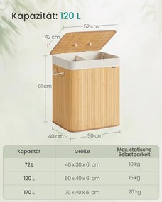 Szennyeskosár fedéllel, 2 rekeszes, 120 literes, bambusz szennyestartó, natúr