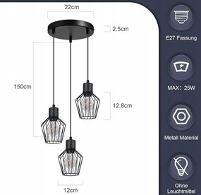 Függő lámpa csillár mennyezeti lámpa fekete Led E27 ipari