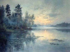 Vászonkép Canvas Tájkép Tó Fák Naplemente Köd 80x60