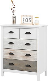 HOMCOM 5 Fiókos Komód Tároló Szekrény, Fogantyúval Ellátott Fiókos Szekrény, Dőlést Megakadályozó Védelem, Hálószobába, Nappaliba, Fehér, 70 x 38 x 85