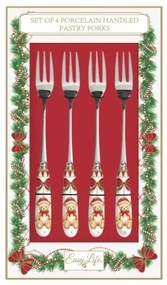 Rozsdamentes acél süteményes villa 4 db-os porcelán dekorborítású nyéllel Magie de Noel