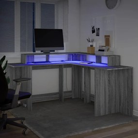 szürke sonoma színű szerelt fa LED-es íróasztal 152x152x91 cm
