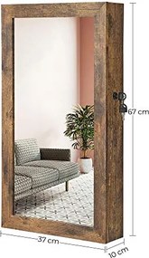 SONGMICS zárható fali ékszerszekrény tükörrel, rusztikus barna