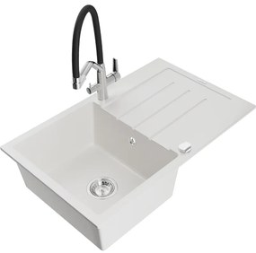 Mexen Bruno gránit egytálcás mosogató csepegtetővel és Duo konyhai csapteleppel, fehér - 6513-20-671701-07