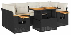 7 részes fekete polyrattan akácfa kerti ülőgarnitúra párnával