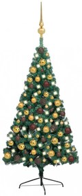 Zöld fél műkarácsonyfa LED fényekkel és gömbszettel 150 cm
