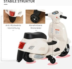 HOMCOM Elektromos gyerekmotor vespa, LED fénnyel, hanggal, 18-36 hónapos korú, fehér