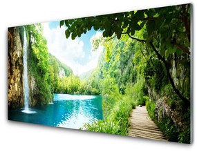 Fali üvegkép Waterfall Lake Nature 120x60cm 2 fogas