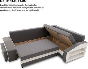 Grande sarokkanapé polcokkal és puffokkal , polc a jobb karfaban puffok a bal karfaban, jobboldali, szövet anyag, hab töltet, szürke - fehér