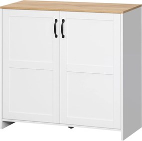 HOMCOM Konyhai Tároló Szekrény Oldalpult 2 Ajtóval és 2 Állítható Polccal - Fehér és Fa Hatás - 90 x 39,5 x 88 cm | Aosom