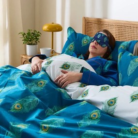 Fehér-kékeszöld kétszemélyes pamut ágyneműhuzat 200x200 cm Peacock Feather – Their Nibs