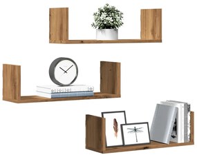 3 db kézműves tölgy színű szerelt fa fali polc 58 x 18 x 18 cm