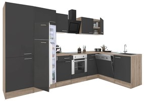 Yorki 340 sarok konyhabútor sonoma tölgy korpusz,selyemfényű antracit front alsó sütős elemmel polcos szekrénnyel, felülfagyasztós hűtős szekrénnyel
