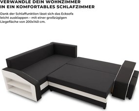 Grande sarokkanapé polcokkal és puffokkal , polc a bal karfaban puffok a jobb karfaban, baloldali, szövet anyag, hab töltet, fekete - fehér