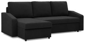 Zeus sarokkanapé, 2 ágyneműtartóval, döntött kartámasz, szövet anyag, univerzális oldal, hab töltet, fekete