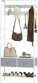 HOMCOM Fali Akasztó és Cipőtartó Rack 8 Akasztóval, 2 Szövet Fiókkal, Háló Polccal Ipari Stílus, 80x30x180.5 cm - Fehér | Aosom