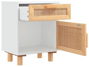 Fehér tömör fenyőfa és természetes rattan éjjeliszekrény