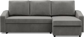 Zeus sarokkanapé, 2 ágyneműtartóval, döntött kartámasz, bársony, univerzális oldal, hab töltet, világosszürke