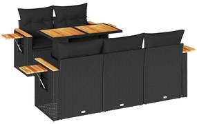 6 részes fekete polyrattan akácfa kerti ülőgarnitúra párnákkal