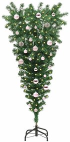Felfelé fordított műfenyő világítással és golyókkal Zöld 150 cm