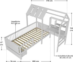Gyerekágy-ház tárolóhellyel és asztallal fehér
