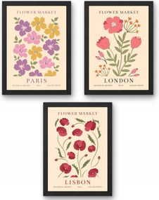 Három darabos poszter szett Flower Market London Paris Lisbon A4-es méret