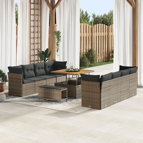 11 Darabos Kerti Kanapé Szett Párnákkal Szürke Poli Rattan Akáccal, 3 Darabos Kerti Étkező Szett Párnákkal Szürke Poli Rattan Akáccal