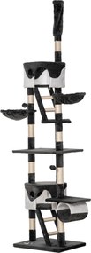 PawHut Mennyezeti Macska Kaparóoszlop Állítható Magassággal 240-260 cm, Többszintes Macska Kaparófa Menedékekkel, Függőágyakkal, Lépcsőkkel, Sziszál K