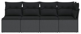 4 személyes fekete polyrattan kerti kanapé párnával