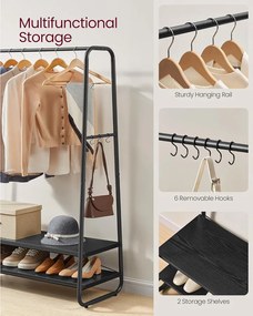 Ruhatartó állvány, ruhafogas 2 polccal és 6 darab S alakú akasztóval, fekete színben