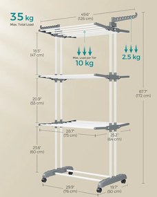 Összecsukható 4 szintes ruhaszárító állvány, mozgatható, 64 x 126 x 172 cm, rozsdamentes acél, lehajtható szárnyakkal, fehér