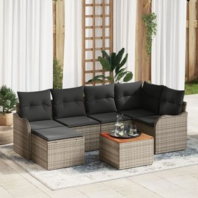 7 darabos kertiszófa szett párnákkal szürke poli rattan akáccal, 2 személyes kertiszófa tárolóval és párnákkal szürke poli rattan
