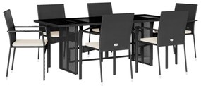 7 részes fekete polyrattan kerti étkezőgarnitúra párnával