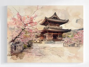 Canvas Vászonkép Japán Virágzó Templom Cseresznye Akvarell 80x60