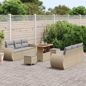 9 Darabos Kerti Sofaszett Párnákkal Bézs Poli Rattan Akác, 3 Darabos Kerti Étkező Szett Párnákkal Bézs Poli Rattan Akác