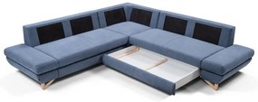 Kihúzható L-alakú kárpitozott sarokülőgarnitúra tárolóhellyel AVESTA kék