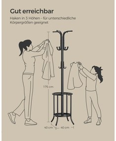 Álló fém ruhafogas, esernyőtartóval, 12 akasztóval, fekete 175 cm magas