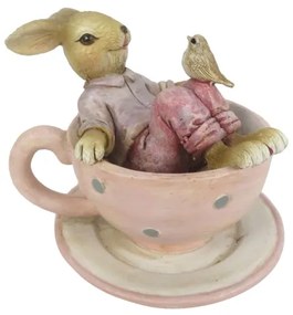 Húsvéti dekoráció, nyuszi rózsaszín csészében térdén madárkával, műgyanta figura, 10x8x8xcm