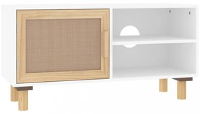 fehér tömör fenyő és természetes rattan TV-szekrény 80x30x40 cm