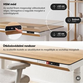 Elektromos ülő-álló íróasztal fiókkal és Qi vezeték nélküli töltővel fehér/aranytölgy, 1200 mm: ELLIS