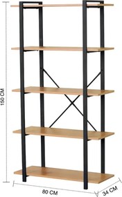 Intenso Home 5 szintes tölgy színű nyitott könyvespolc 80 x 152cm | Univerzális tároló állvány fém lábakkal