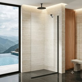 Stuxi Eco Black Walk-in zuhanyfal, 120x195 cm, 6 mm vastag vízlepergető biztonsági üveggel, 195 cm magas, helytakarékos sarok stabilizátorral