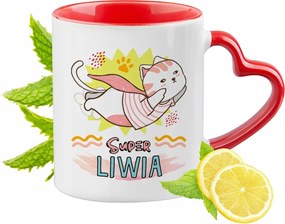 Piros bögre szív alakú füllel Líviának Ajándék