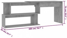 betonszürke szerelt fa sarokasztal 200 x 50 x 76 cm