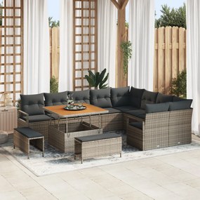 12 darabos Kertifotel Készlet Párnákkal Szürke Poli Rattan Akáciával